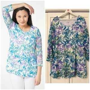 Susan Graver Floral Printed Stretch Lace Peplum Back Tunic Blue Purple Multi 2X